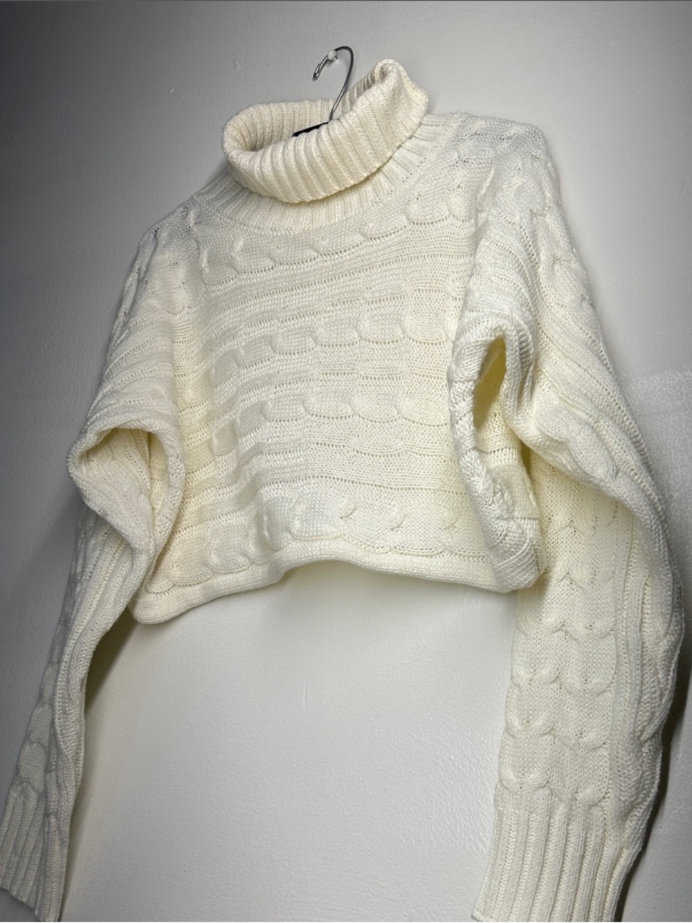 Cream Cable-Knit Turtleneck Cropped Sweater